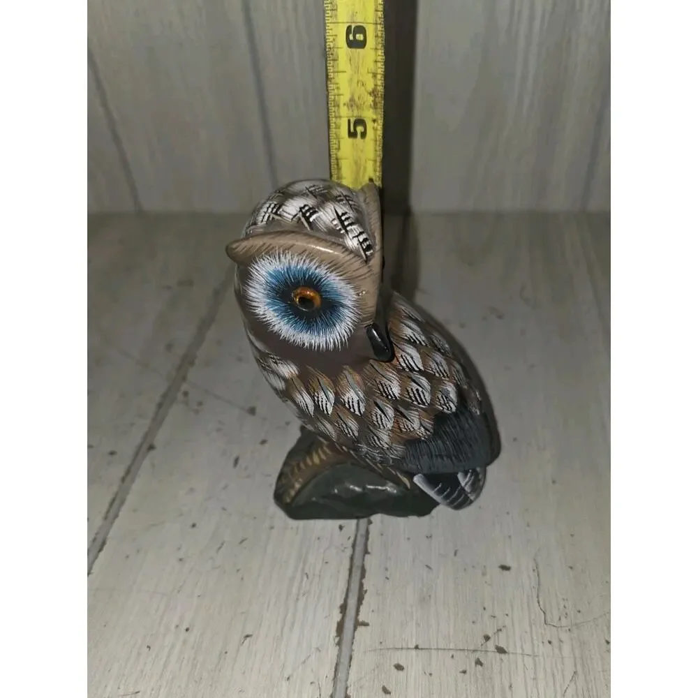 Vintage Owl Carved Stone On Log Hand Painted 5.